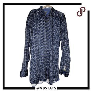 Visconti Black Men's Geometric Long Sleeve‎ Button Up Shirt Blue Tan 2XLT